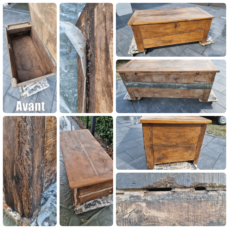 Maie ancienne en chêne abîmée par le temps, avant restauration