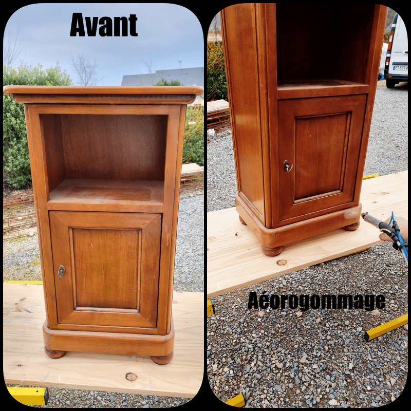 Meuble d'appoint en merisier verni aux pieds boules, avant transformation