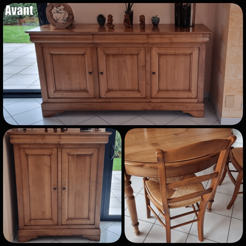 Séjour merisier Louis Philippe revisité “enfilade – table – chaises – confiturier” – Image 2