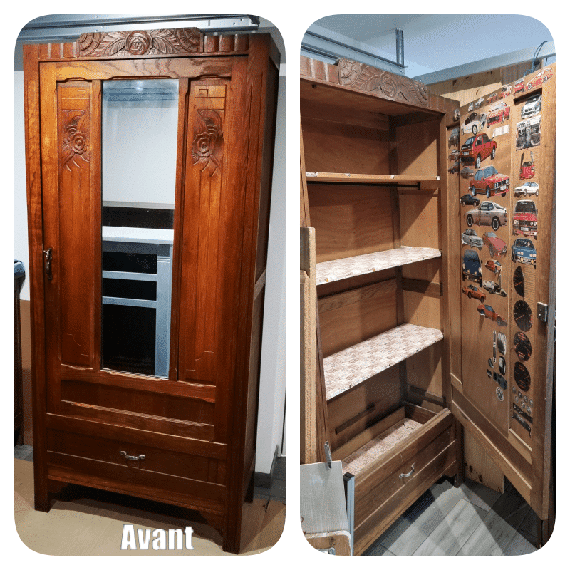 Armoire bonnetière de 1930 restaurée, détail des sculptures florales du chêne