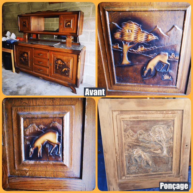 Détail des sculptures d'animaux sur les portes du bahut patiné effet shabby