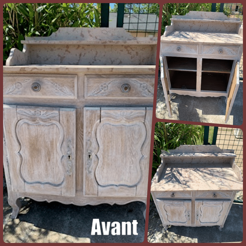 Ancien meuble de toilette en chêne et son plateau de marbre avant rénovation