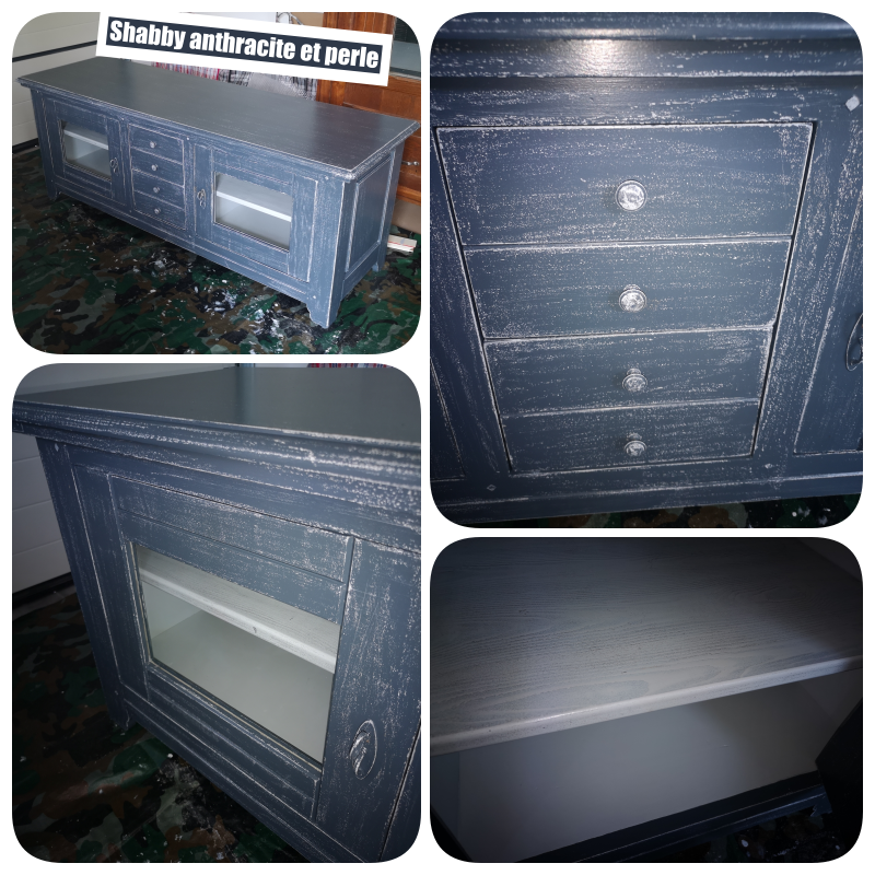 Montage avant-après du buffet de style colonial relooké en anthracite shabby