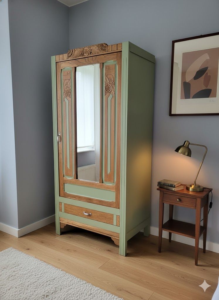 Armoire bonnetière Art déco en chêne de 1930 relookée, sculptures en bois brut et miroir biseauté