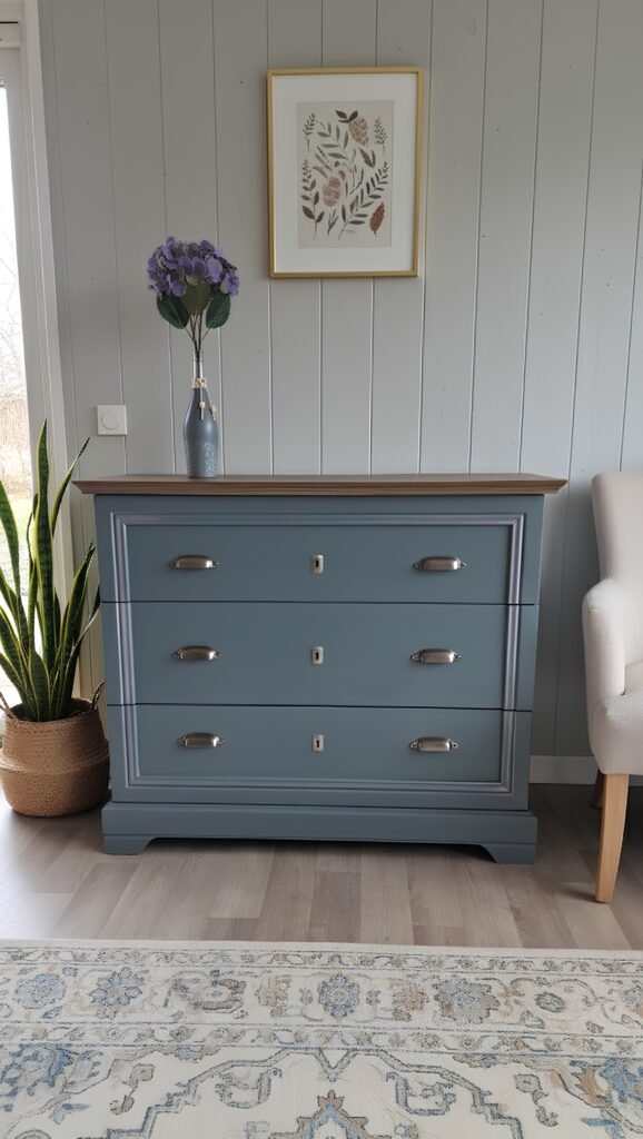 Commode Louis Philippe en placage merisier peinte bleu acier avec veinage effet bois et plateau imitation bois flotté