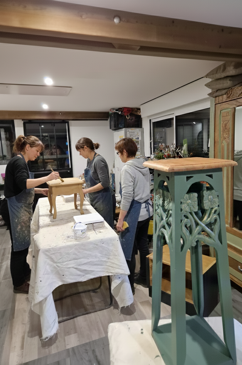 Participantes en train de peindre leurs meubles pendant un atelier relooking à Bonchamp-lès-Laval