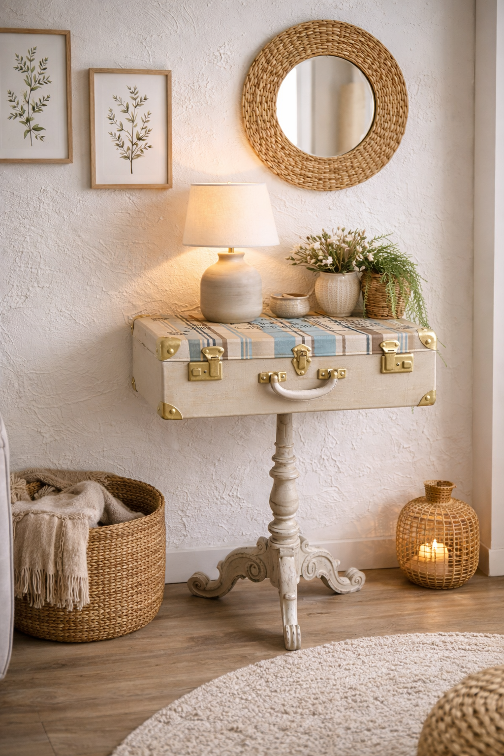 Valise vintage sur pied ancien